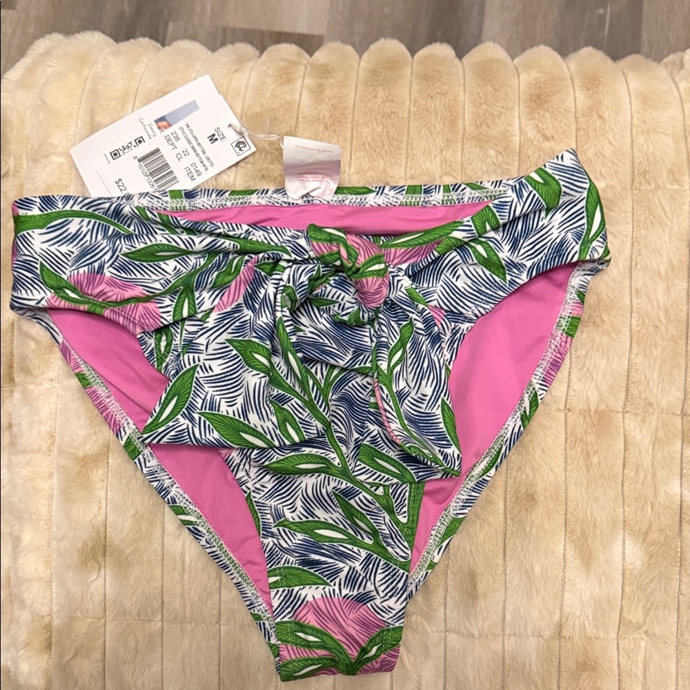 Tropical Leaf Print Bikini Bottom with Pink Lining